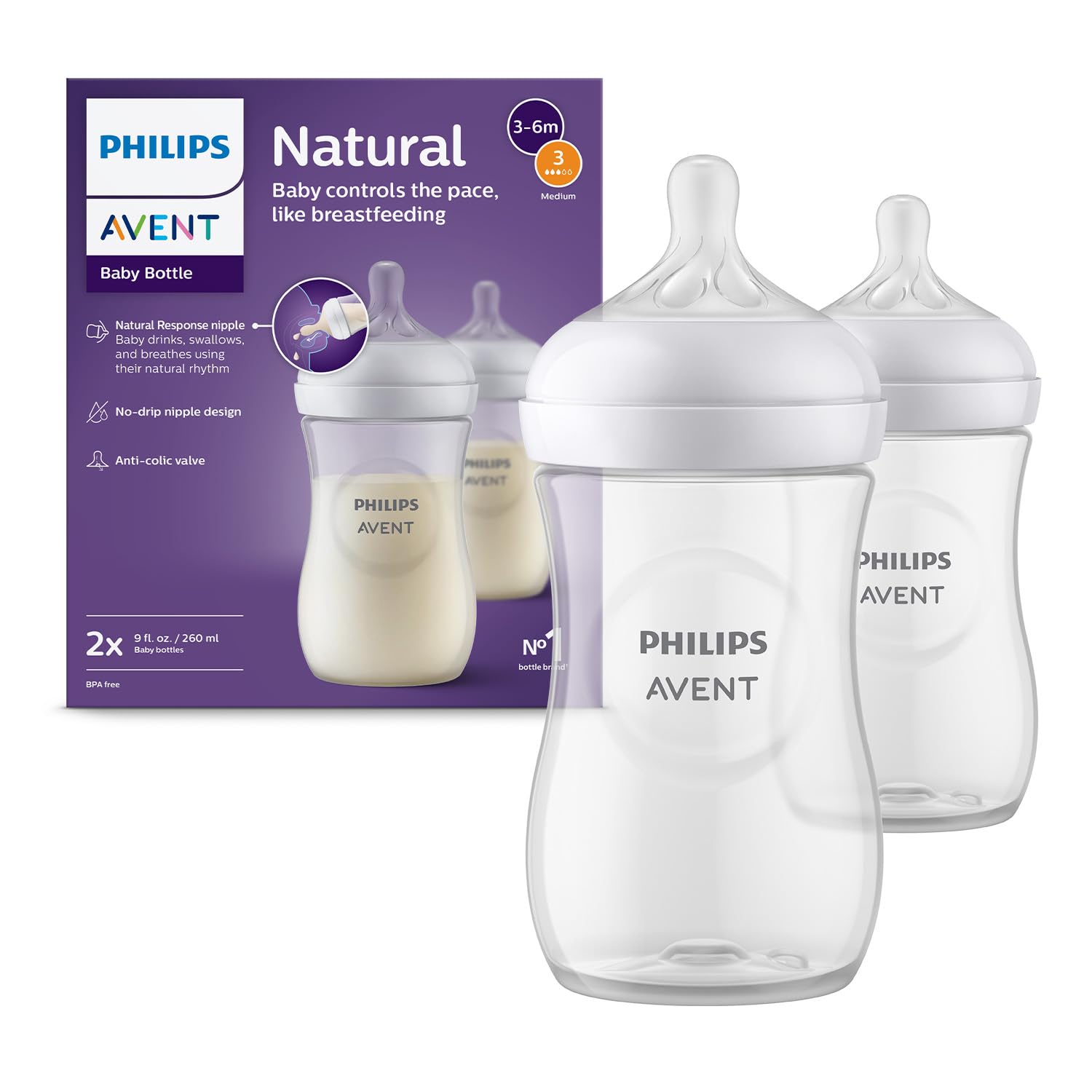 AVENT Philips Natural Response Baby Feeding Bottle – 260Ml Baby Milk Bottle Pack of 2, Bpa Free for Babies 1 Month+ Teat, (Model Scy903/02)