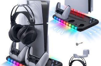 New World Cooling Stand with Controller Charging Station for PS5/PS5 Slim Console, 3-Level Cooling Fan, RGB Light, Headset Holder , PS5 /PS5 Slim Disc /Digital Cooling Charging Stand