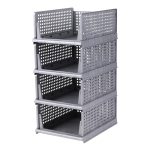 Fregi Stackable Clothes Organizer Bins | Multi-Tier Storage Shelf with Grey Perforated Design for Wardrobe, Closet and Home Organization (Grey-) (Pack of 4)