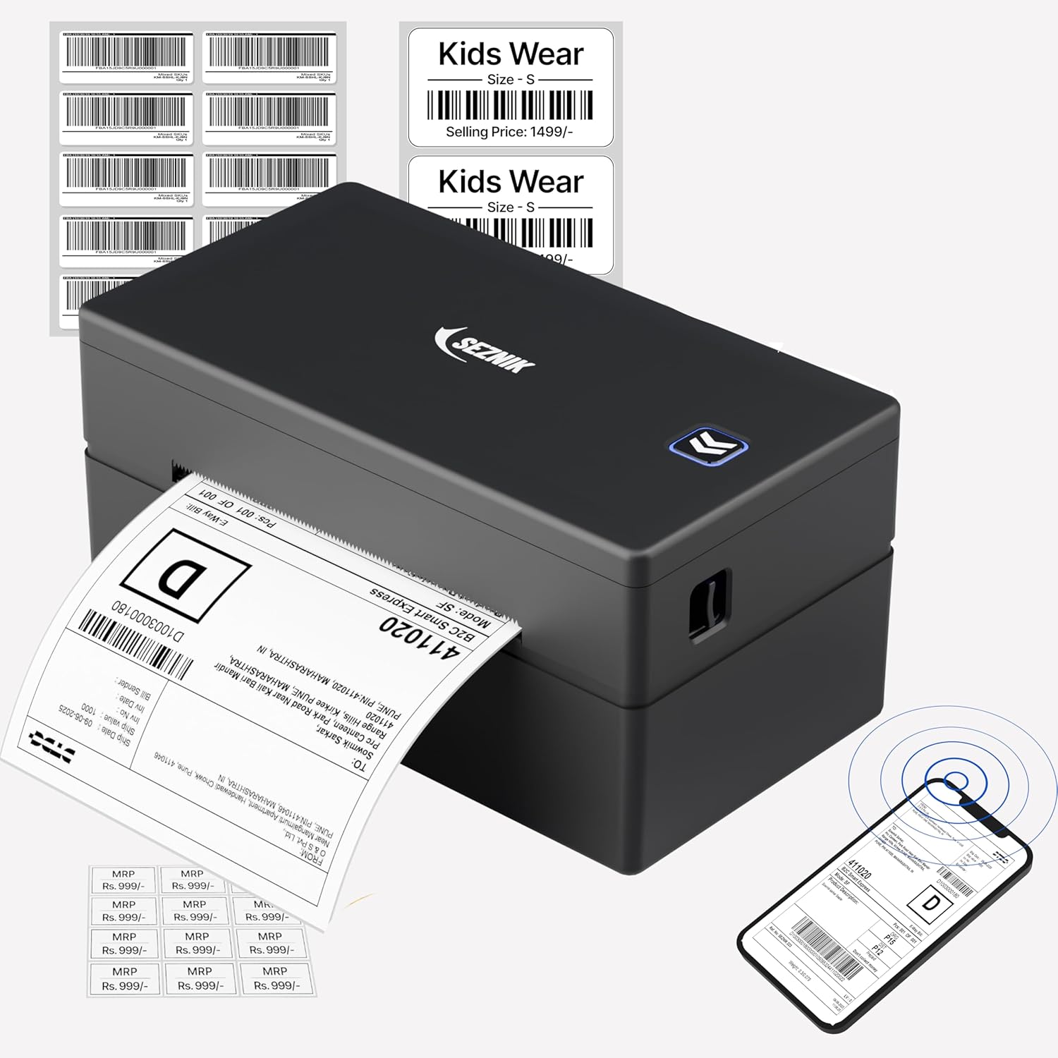 SEZNIK LabelX Bluetooth Shipping Label Printer | 4×6 Label & Different Size Label | Bluetooth, USB Connect| Inkless Thermal | Print from Mobile, Laptop| Donot Support Seller Flex | 1Year Warranty