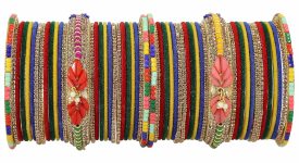 NMII Metal With Zircon Gemstone and Beads Studded Velvet Bangles For Women and Girls