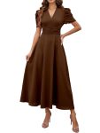 Shasmi Girl’s & Women’s Solid Color V-Neck A-Line Maxi Dress for Women | New Year Party Outfit | Waist Cinched Puff Sleeve Western | Elegant Casual Wear (Dress 246)
