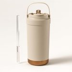 YELONA Vacuum Insulated 316 Stainless Steel Travel Mug/Flask/Thermos with Glass Straw, 8 Hours Hot/Cold Retention Coffee Tumbler (Almond Brown, 500ml)