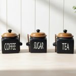 Sugar Tea Coffee Container Set of 3 – Airtight Kitchen Storage Jars with Wooden Lids & Spoons, 500ml Each, Handcrafted Food Grade Ceramic Canisters for Countertop, Pantry & Home Decor