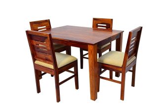 Solid Sheesham Wood Dining Table Set 4 Seater | Four Seater Dining Table 4 Seater with 4 Cushion Chairs for Living Room | 4 Seater Dining Set for Hotel Restaurant, Honey