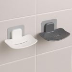 Satpurush Self-Adhesive Soap Holder for Bathroom (Pack of 2) Wall Mounted No-Drill Soap Stand with Water Drainage | Strong Sticker Plastic Soap Dish for Wash Basin & Kitchen (White & Gray)