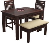 Solid Sheesham Wood 4 Seater Dining Table Set with Chairs & Bench for Living Room Home | Wooden Table Set for Office Restaurant Modern Dining Room Set (ad-Walnut4sB)