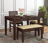 Solid Sheesham Wood Dining Table Set 4 Seater | Four Seater Dining Table 4 Seater with 2 Cushion Chairs & 1 Bench for Living Room | 4 Seater Dining Set for Hotel & Restaurant, Walnut