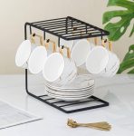 Mug Rack Stand for Cups and Plates – 6 Hook Metal Coffee Mug Holder with Storage Shelf – Countertop Organizer for Kitchen, Dining Table & Cabinet – Black Iron Dish Cup Rack