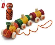 Wooden Train for 12 Months & Above Kids, Toddlers, Infant & Preschool Toys – Multicolor – with Attached String- Encourage Walking, Free Tiger peg Doll