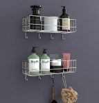 Stainless Steel Self Adhesive Bathroom Shelf with 4 Hooks for Wall/Shelf Organizer/Kitchen Shelf with Magic Stickers, Saving Wall Mounted Bathroom Shelf, Pack of 2, Chrome