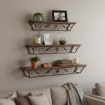 Wood & Iron Floating Wall Shelf Set of 3 | Rustic Storage Shelves with Wrought Iron Frame | Wall Mounted Decorative Shelf for Living Room, Bedroom, Kitchen, Office, Bathroom