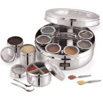 NATULIX Stainless Steel 12 IN 1 Masala Box for Kitchen | Spice Box for Kitchen | Masala Container | Masala Dabba with individual See through lid 4 Spoons | Silver (2.5 Ltr | X-Large | 22.5cm)