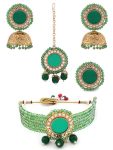 ZAVERI PEARLS Green Mirror Multistrand Crystals Beaded Choker Necklace Earring Maangtikka & Ring Set For Women-ZPFK13779