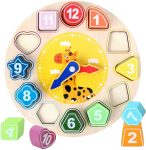 Wooden Shape Color Sorting Clock Teaching Time Number Blocks Stacking Sorter Simple Patterns Puzzle Montessori Early Learning Educational Toy Gift for 3 Year Old Toddler Baby Kids