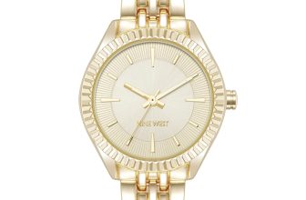 Nine West Women’s Bracelet Watch, Analog Display, Gold-Tone Metal Band, Limited Movement, Textured Bezel, Mineral Crystal Lens