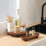 Round Wooden Decorative Tray, 2 Pcs for Coffee Table, Bathroom Vanity Kitchen Counter Tray, Rustic Wood Decor, Round Serving (Walnut)