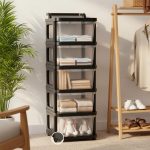 5-Layer Heavy Duty Plastic Storage Drawer with Wheels | Stackable Modular Cabinet for Home & Office | Multi-Purpose Drawer Organiser for Clothes, Toys & Kitchen Items (Black, 5)