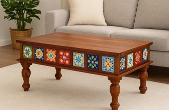 Sheesham Wood Rectangle Center Coffee Table for Living Room | Centre Table for Drawing Room, Office & Home | Multicolor Tiles Design| Honey Finish
