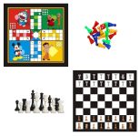 Hill Play 2 in 1 Ludo and Chess Classic Board Games Set, Ludo with Cartoon Characters, Chess with Tournament Pieces, Coloured Playing Pawns (Multicolor) [ Pack of 1]