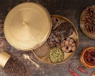 AKSHATA® (07 Hand hammer and Etch Handcrafted Brass Spice Box Set for Kitchen with Spoon (7 Containers, 40 ML) – Brass Masala Box for Kitchen – Species Container 1 pc