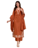 ANNI Designer Pure Cotton Embroidered Kurta Set for Women | Rust Orange Kurta with Pants & Dupatta | Floral Neck & Hem Embroidery | Cotton Kurta Set for Women | 10 Colour Options Available