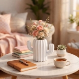 Amazon Brand – Umi Ceramic Look Plastic Cactus Shape Vases for Living Room | 360 Degree Aesthetic Home Decor Pot for Flowers, Bedroom, Office Desk, Modern Showpiece Gift Item (Vase Only)(White)