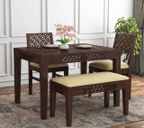 Solid Sheesham Wood Dining Table Set 4 Seater | Four Seater Dining Table 4 Seater with 2 Cushion Chairs & 1 Bench for Living Room | 4 Seater Dining Set for Hotel & Restaurant, Walnut
