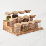 Three-tiered wooden spice rack organizer for spice bottles, jars, and natural display shelves for a pantry cabinet or countertop