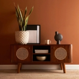 Chugston Rattan Solid Wood Tv Unit/Cabinet for Led LCD | Cane Design Tv Stand for Living Room and Bedroom | Mango Wood, Honey Finish (40 Cm X 120 Cm)