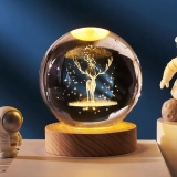 One94Store 3D Engraved Deer Crystal Globe Lamp | USB LED Night Light with Wooden Base | Creative 6 cm Crystal Ball Table Lamp for Bedroom, Home, Office Décor & Gifting (Warm White)