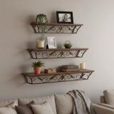 Wood & Iron Floating Wall Shelf Set of 3 | Rustic Storage Shelves with Wrought Iron Frame | Wall Mounted Decorative Shelf for Living Room, Bedroom, Kitchen, Office, Bathroom