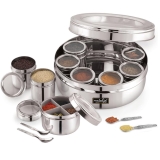 NATULIX Stainless Steel 12 IN 1 Masala Box for Kitchen | Spice Box for Kitchen | Masala Container | Masala Dabba with individual See through lid 4 Spoons | Silver (2.5 Ltr | X-Large | 22.5cm)