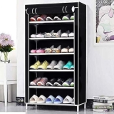 Portable Shoe Rack Organizer, 6-Tier Storage Cabinet with Fabric Cover, Black, Space-Saving Design (Black)