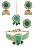 ZAVERI PEARLS Green Mirror Multistrand Crystals Beaded Choker Necklace Earring Maangtikka & Ring Set For Women-ZPFK13779