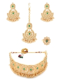 ZAVERI PEARLS Gold Tone Dazzling Stones & Cluster Pearls Choker Necklace Earring Maangtikka & Ring Set For Women-ZPFK12753