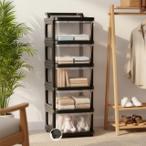 5-Layer Heavy Duty Plastic Storage Drawer with Wheels | Stackable Modular Cabinet for Home & Office | Multi-Purpose Drawer Organiser for Clothes, Toys & Kitchen Items (Black, 5)