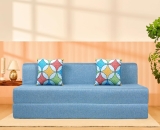 uberlyfe 3 Seater Sofa Cum Bed | 1 Year Warranty | Queen Mattress, Foldable Sofacum Bed | 15″ Sofa Height | 2 Cushions Jharokha Pattern |Jute Finish Fabric, Aqua Blue | 6′ X 6′ Feet