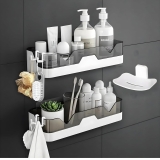 Satpurush Plastic Bathroom Accessories, Bathroom Rack, Bathroom Shelf Organizer, Wall Mounted Shelf, Bathroom Hardware & Accessories, Storage Racks (3 Pack, Bath Shelf with Soap Dish & 4 Hook) White