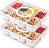 Divided Fridge Storage Boxes With 8 Serving Veggie Tray with Lid & Handle, Fridge Organizer with Removable Compartment, Fridge Storage Containers, Pantry Organizer Kitchen Accessories, 2 Piece